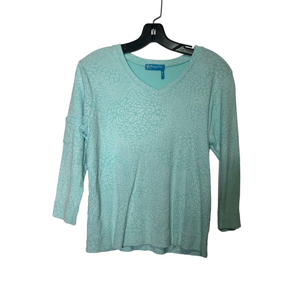 Fresh Produce Flower Pattern Top Women's Size S Green V Neck 3/4 Sleeve Pocket